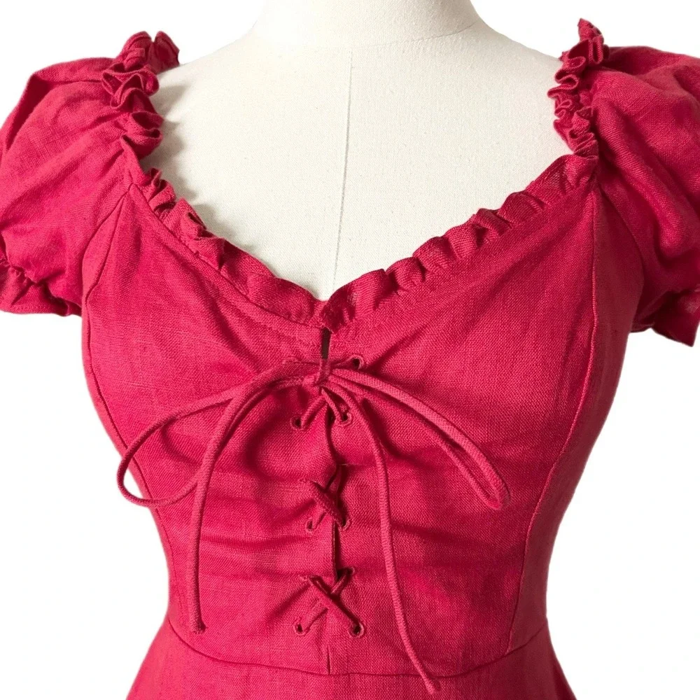 Reformation Klara 100% Linen Mini Dress Lipstick Red Lace-Up Puff Sleeve Size 2